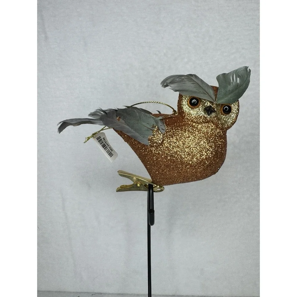 Pier 1 Glitter Owl Clip Ornament Gold Feather Christmas Winter Holiday Decor